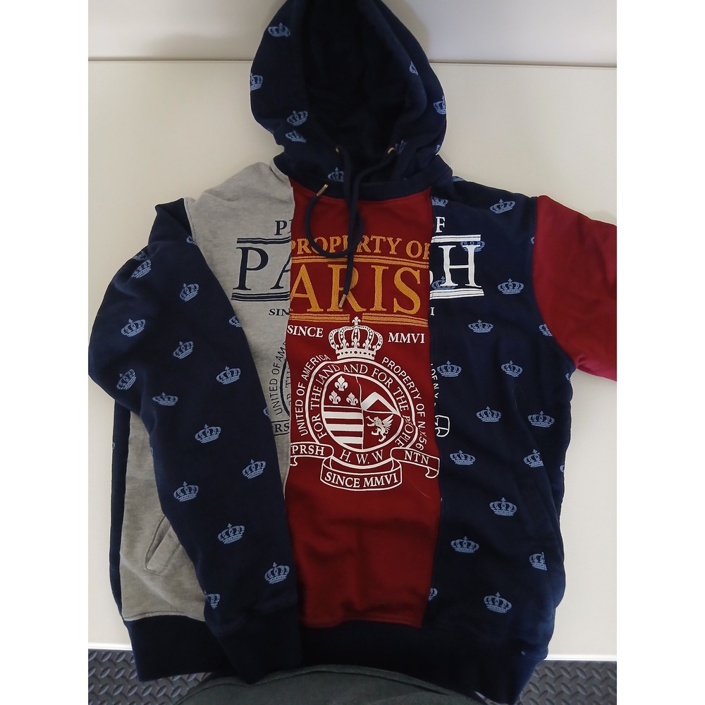 Parish Nation Colorblock Hoodie Navy Grey Burgundy Crown Print Large